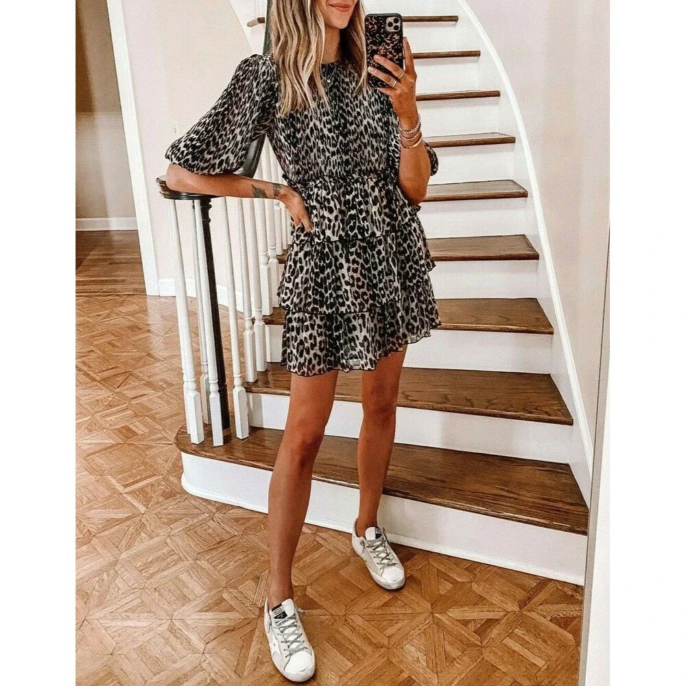 NWT Ganni Leopard Pleated Georgette Tiered Ruffle Dress 36(4), 38(6), 40(8) $235 - Picture 2 of 12